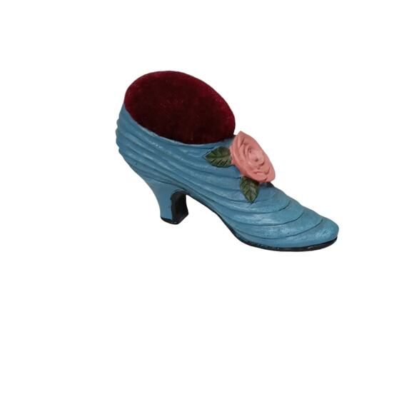 Mini Victorian Blue Shoe Pin Cushion Pink Rosette Sewing Collectible Vintage - Picture 2 of 9